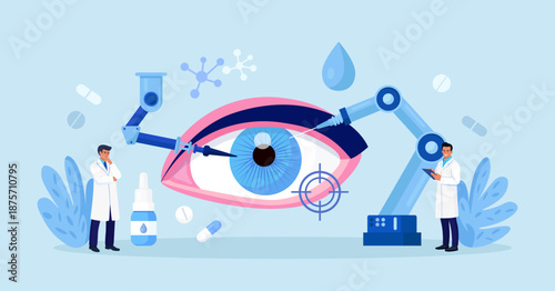 Robot arms operating healing eyeball. Robotic surgery. Machine surgeon and disease diagnostics. Vision eye surgery cataract and astigmatism. Medical technologies innovation