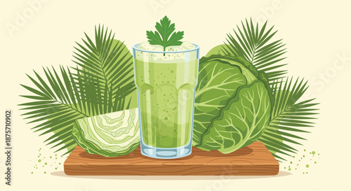 Nutritious green cabbage smoothie in a tall glass placed on a wooden board with a fresh cabbage head and palm leaf decor.