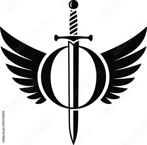 Winged sword emblem silhouette, fantasy warrior logo, black and white medieval weapon badge, heroic insignia vector illustration