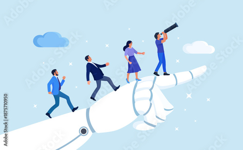 Collaboration of human and artificial intelligence. Business team runs up on robot hand pointing upwards. Businessman leader look future with telescope. AI help business success or innovation support