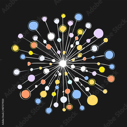 Colorful circles radiating from a central point on a black background.