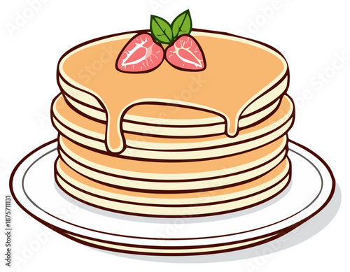 Stack of Delicious Pancakes Drizzled with Syrup Topped with Fresh Strawberries and Mint Leaves