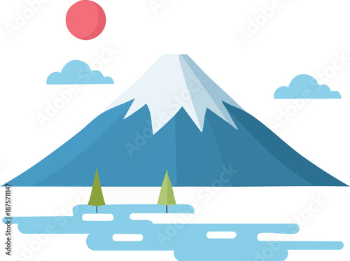 Serene mountain landscape with lake and trees under a red sun.