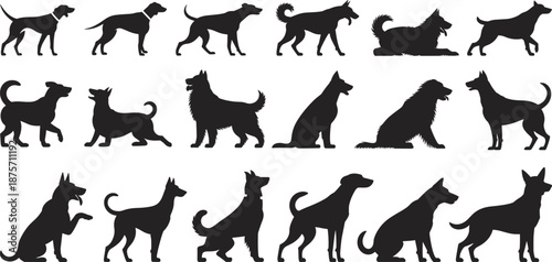 Dog silhouettes, various breeds, sitting pose, standing dogs, walking posture, black icons, vector illustration, pet design, canine diversity