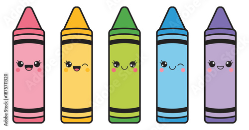 Kawaii Cartoon Crayons Clipart, Colorful Crayon Characters, Cute School Art Supplies, Vector Illustration for Kids, Fun Design.