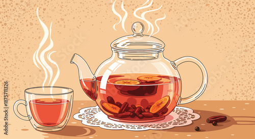 Steaming glass teapot and cup filled with orange and date herbal tea sitting on a lace doily with loose ingredients.