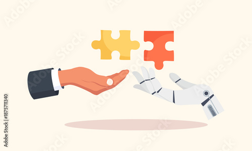AI and human partnership, synergy. Human hand and robotic arm joining puzzle pieces. Collaboration with Artificial Intelligence to success together, implement AI to solve problem or get solution
