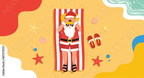 Funny illustration of Santa Claus sunbathing on a red and white striped beach towel at the shore with seashells.
