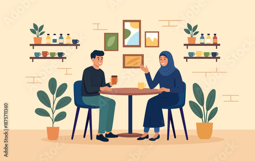 Happy young Muslim couple enjoying hot coffee together at cozy cafe table sharing pleasant and warm conversation. Social interaction and cultural diversity. Romantic meeting in cafeteria
