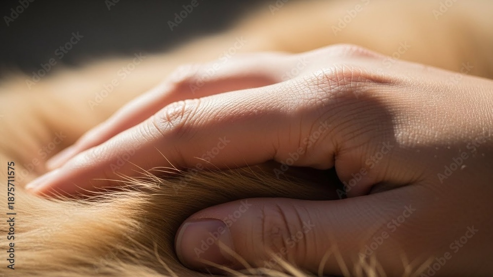 Naklejka premium Close-up of a human hand gently touching a dog’s fur, soft natural light, detailed texture of skin and fur, emotional connection, viewer can almost feel the softness and warmth, realistic lifestyle