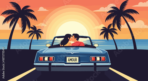 Romantic couple kissing in a classic blue convertible car on a road by the ocean during a stunning orange sunset.
