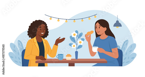 European woman and her African friend are drinking tea together. Smiling women gossiping spending time at cafeteria. Cheerful diverse friends are gathered at cafe, enjoying coffee break, conversation
