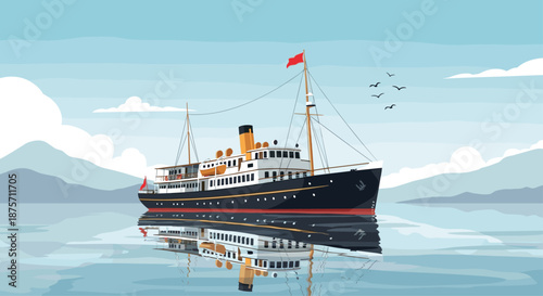 Large vintage ocean liner cruises across a calm sea with majestic mountains and seagulls flying in the distance under a blue sky.