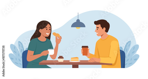 Young love couple sitting at table in cafe. Man and woman drink coffee and conversation. Romantic dating of people in cafeteria. Friends meeting, characters in love at date in restaurant