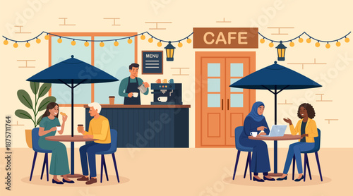 Summer outdoor cafe terrace. People sitting at table in street cafe, drinking beverage. Barista making coffee standing at bar counter desk. Diverse patrons enjoying food, some working on laptops