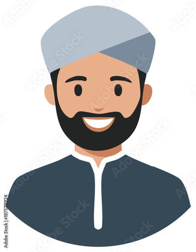 Friendly bearded man wearing a traditional turban and dark tunic illustration