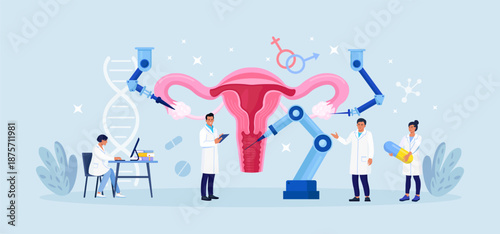 Robot arms operating healing female uterus. Robotic gynecology surgery. Modern reproductive system treatment. Medical technologies innovation. Doctor treating cervical cancer or ovary with AI