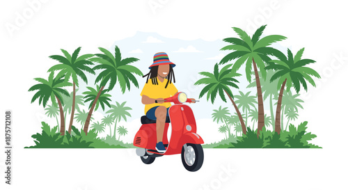 Person with long dreadlocks and a colorful hat rides a bright red scooter through a lush tropical forest with green palm trees.