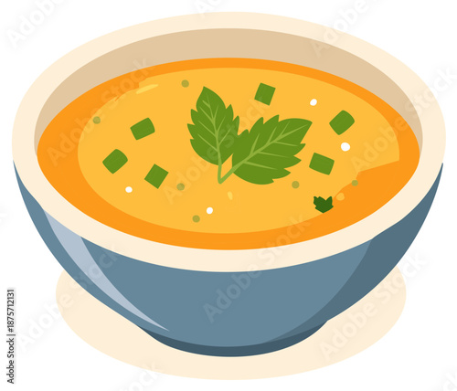 Warm creamy soup in a blue bowl garnished with fresh green herbs and chopped chives