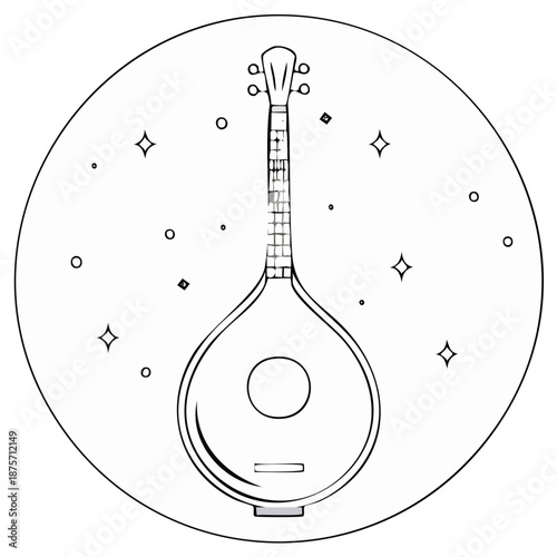 Traditional string musical instrument bouzouki mandolin illustration with stars circles line art in circular frame