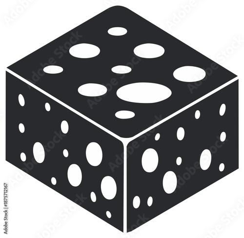 Stylized Cheese Cube Icon with Holes in Dark Gray Tones Isometric Perspective Food Illustration, Cheese Block with Pores Vector Artwork