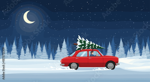 Classic red car with a snow covered Christmas tree on its roof drives through a snowy forest at night under a crescent moon.