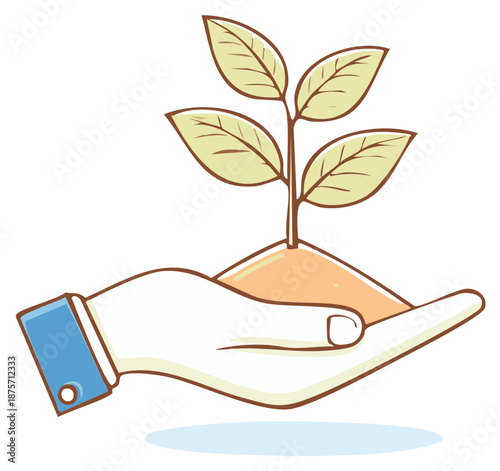 Illustration of hand gently holding a young plant with vibrant green leaves growing from fertile soil