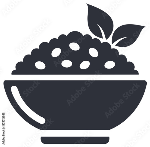 Bowl of Rice with Leaves Garnish: Monochrome Vector Icon for Food and Nutrition
