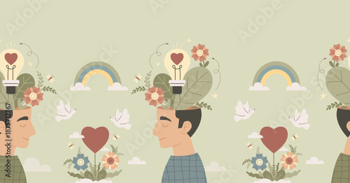 Man Mental Health Seamless Border. Male Head with Flowers, Lightbulb, Rainbow and Dove Birds on green Background. Horizontal Vector Illustration. Positive Mindset, Self-Care and Wellness Concept