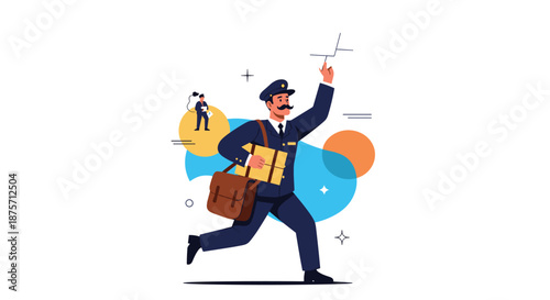 Energetic postman in a blue uniform and cap runs fast to deliver a mailbag and a package on time in an abstract background.