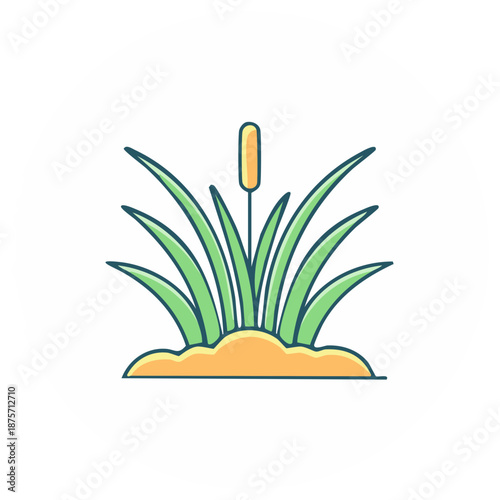 Cartoon illustration of cattail plant with leaves in a field of soil