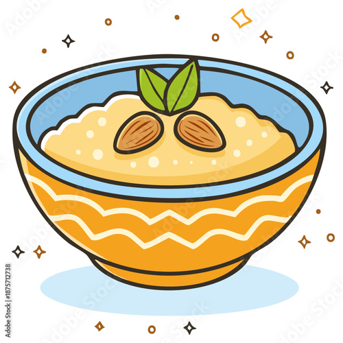 Festive Bowl of Sweet Semolina Pudding Topped with Almonds and Mint