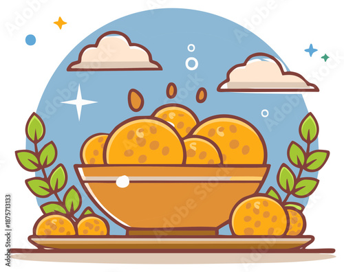 Illustration of orange dessert balls in a bowl, with leaves and sky elements