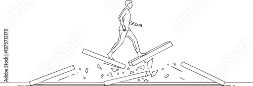 Businessman carefully balances walking across unstable broken wooden planks symbolizing risk