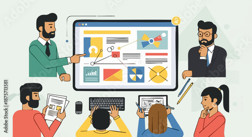 Diverse team collaborating intensely on website design interface and project strategy