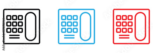 Simple line art icons of a classic landline telephone in three distinct colors