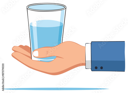 Hand in a blue suit holding a glass with blue water. Drink fresh, healthy lifestyle, and water balance vector illustration.