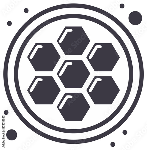 Geometric honeycomb icon with hexagonal cells in a circle. Abstract symbol for science, technology, and network concepts.