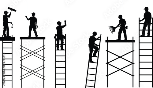 Silhouette of six construction workers on scaffolding and ladders performing various tasks with tools, safety gear, teamwork, and elevated manual labor