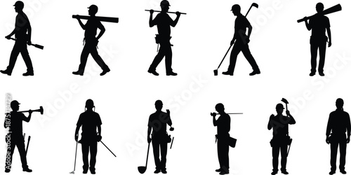 Silhouettes of construction workers with tools, helmeted laborers holding hammers, shovels, and planks in various poses on industrial job site