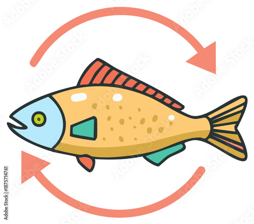 Fish Processing Cycle Icon with Circular Arrows for Sustainable Seafood
