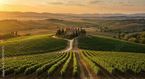 Wallpaper Mural Aerial view of vineyard landscape with rolling hills and country road at sunset with countryside and rural and agriculture and wine country and scenic Torontodigital.ca