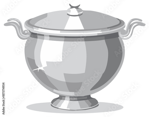 Ornate silver soup tureen with a lid, classic vintage style vector illustration