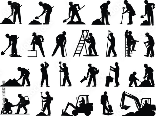Collection of construction worker silhouettes performing various tasks with tools and machinery, ideal for occupational graphics, safety signage, and industrial design concepts.