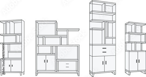 Modern shelving unit designs with varied configurations of shelves, drawers, and cabinets, ideal for interior design, furniture catalogs, and storage solution visualization.
