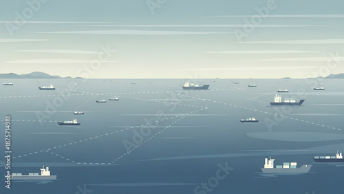 Container ships navigate ocean indicating global trade routes near distant lands.