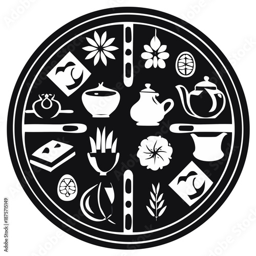 Tea Service Icons in Round Frame: Tea Pot, Creamer, Sugar Bowl, Flowers and Lemon Slice