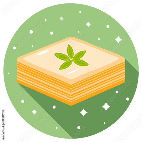 Layered Sweet Pastry with Green Leaf Garnish and Sparkling Accents