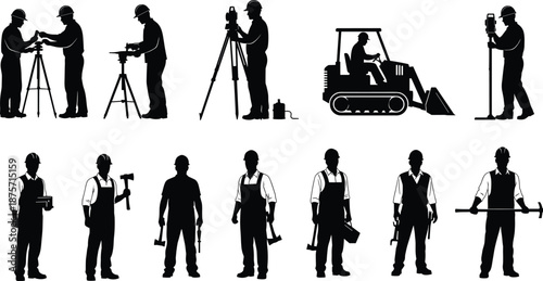 Silhouettes of construction workers using tools, machinery, and surveying equipment, illustrating diverse site roles, gear interaction, and occupational activity variety