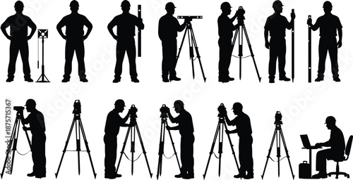 Silhouettes of surveyors using tripods, rods, and laptops to measure and record data, illustrating land surveying roles, tools, and fieldwork precision